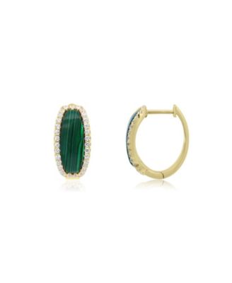 Malachite CZ Oval Hoop Earrings 14K Gold-Plated Sterling Silver