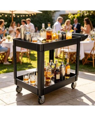 2 Tier Bar Cart, 45 Inch Heavy Duty Utility Cart with Ergonomic Handle and Locking Wheels for Kitchen or Pantry