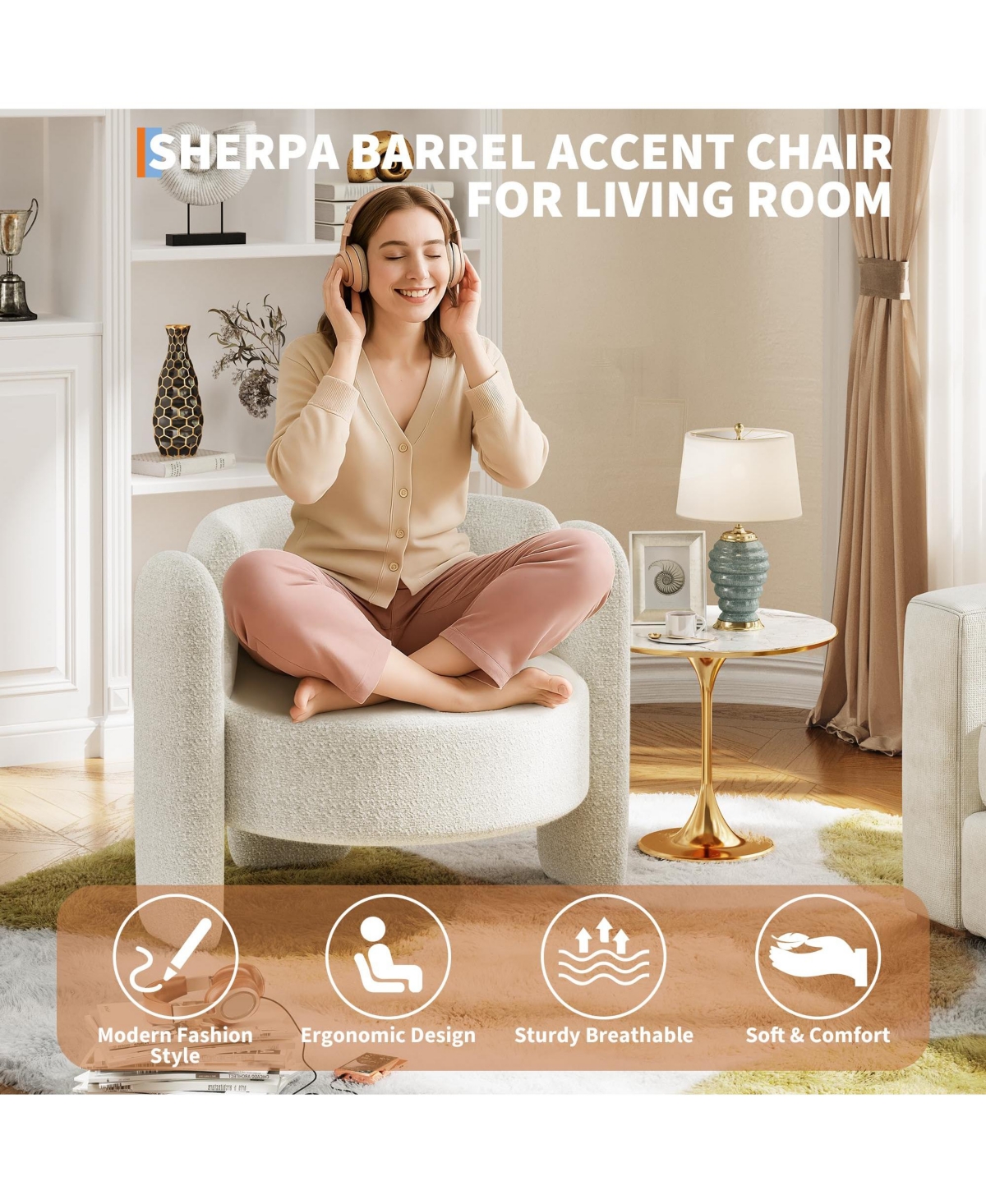 homfan Chenille Barrel Accent Chairs Set of 2, Modern Mid-Century Upholstered Armchairs with Open Back, Large Seating for Living Room, Apartment