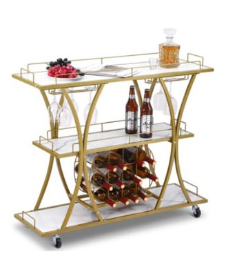 3 Tier Bar Cart, 44 Inch Serving Cart with Wheels and Wine Rack for Dining Room or Living Room