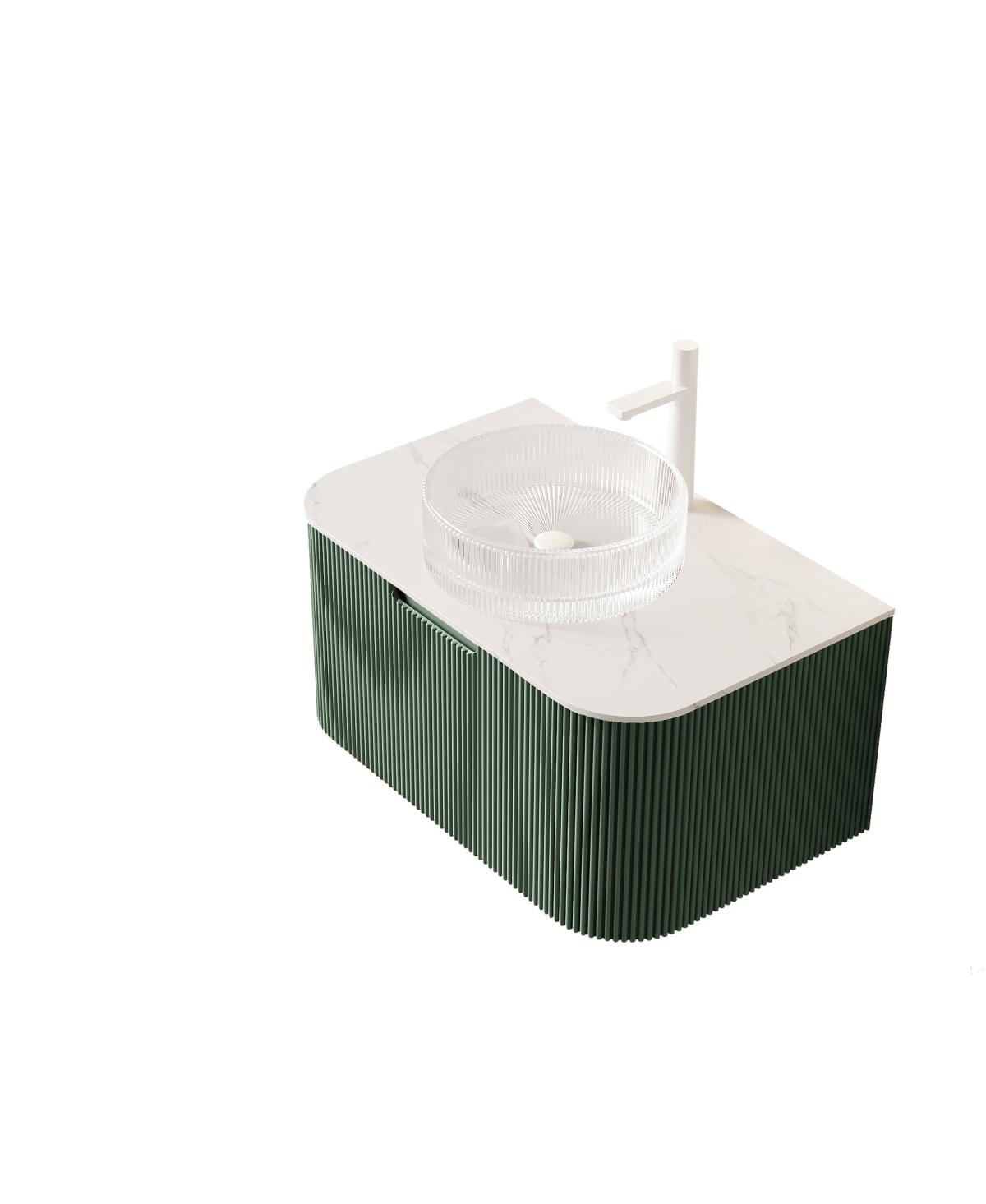 Sillysis Wall-Mounted Bathroom Vanity with Crystal Glass Sink, Sintered Stone Top, Soft Close Drawer
