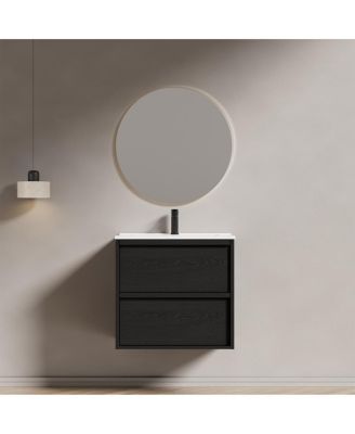 Wall Mounted Bathroom Vanity with Ceramic Sink, Soft Close Drawers, Floating Black Cabinet, Modern Space Saving Storage