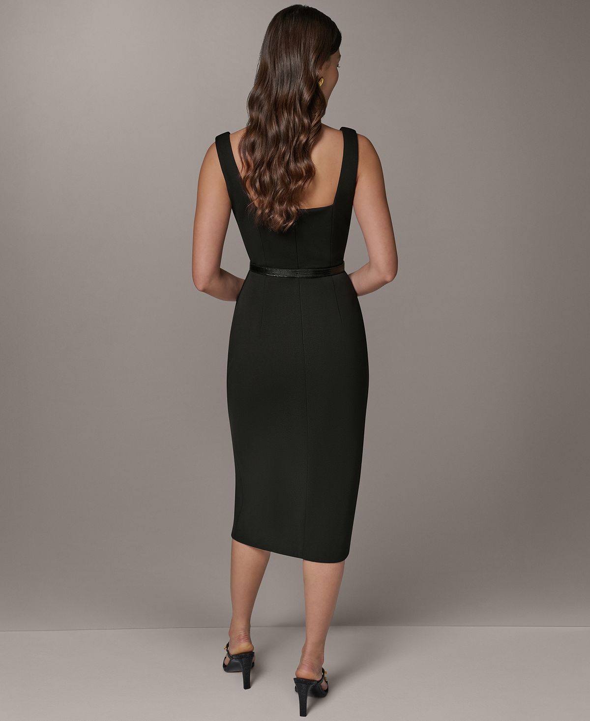 Donna Karan New York Women's Sleeveless Asymmetrical Neck Midi Sheath Dress with Belt view 5 — MAYCSS fashion products