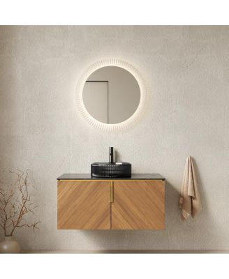 Bathroom Vanity Cabinet with Glass Vessel Sink, Sintered Stone Top, Soft Close Storage, Modern Oak Grain Design