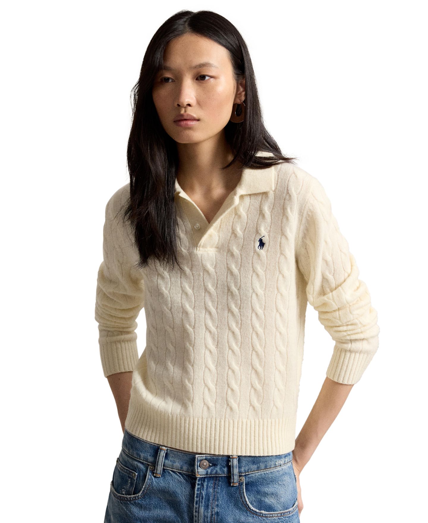 Женский свитер Polo Ralph Lauren Cable-Knit Long-Sleeve Wool-Cashmere, цвет: Кремовый — фото 1