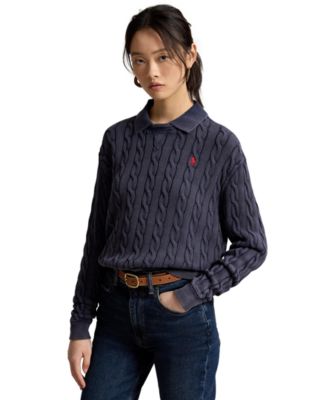 Women's Cable-Knit Cotton Polo Sweater