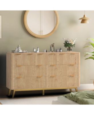 Modern Fluted 7 Drawer Dresser, Wooden Chest with Golden Handles, Iron Base, Storage and TV Stand for Bedroom, Living Room, Entryway