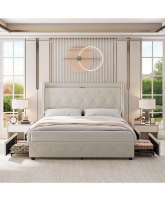 Wingback Headboard Upholstered Platform Bed, 4 Storage with Built in Charging Station, Noise Free Support, No Box Spring Required for Bedroom