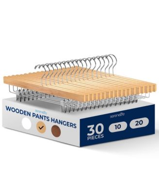 30 Pcs. Premium Wooden Pants Hangers - Heavy Duty Hanger Set with Chrome 360degree(s) Swivel Hook