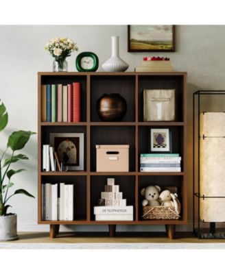 Modern 3-Tier 9-Cube Wooden Bookcase, Open Shelf Organizer, Mid-Century Display Cabinet for Home Office, Living Room, Bedroom, Entryway