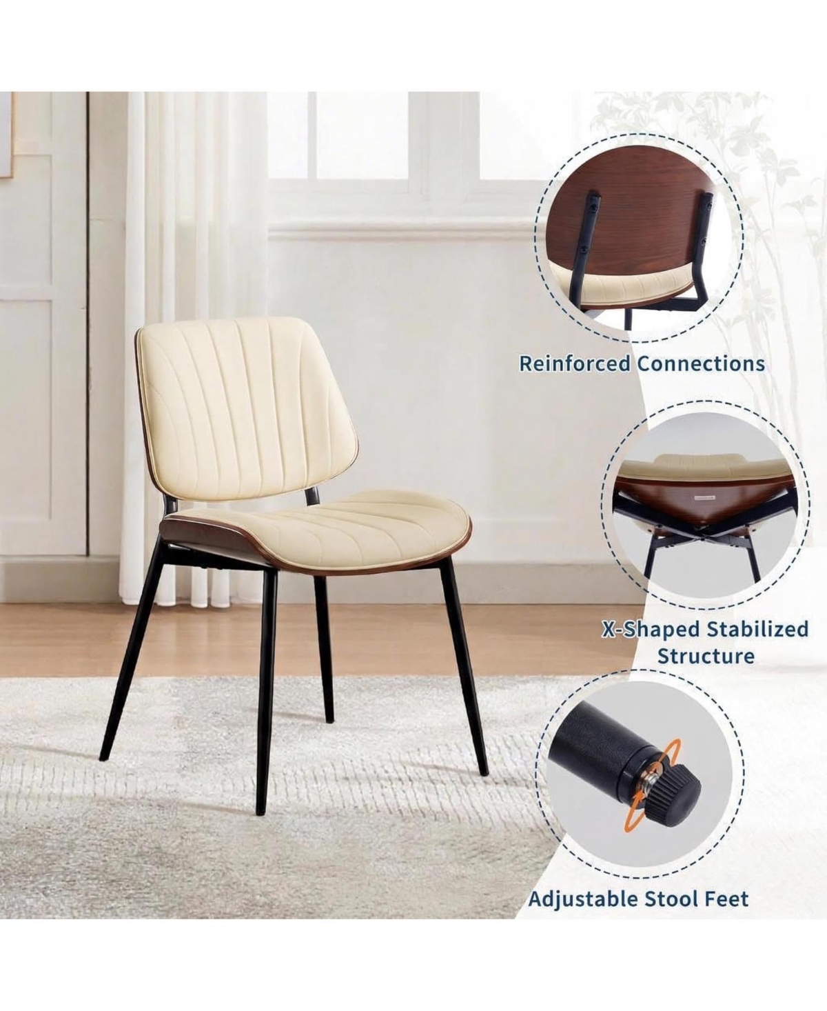 gaomon Dining Chairs Set of 2,Mid-Century Modern Upholstered Retro Pu Leather Kitchen with Walnut Bentwood Back and Metal Legs Adjustable