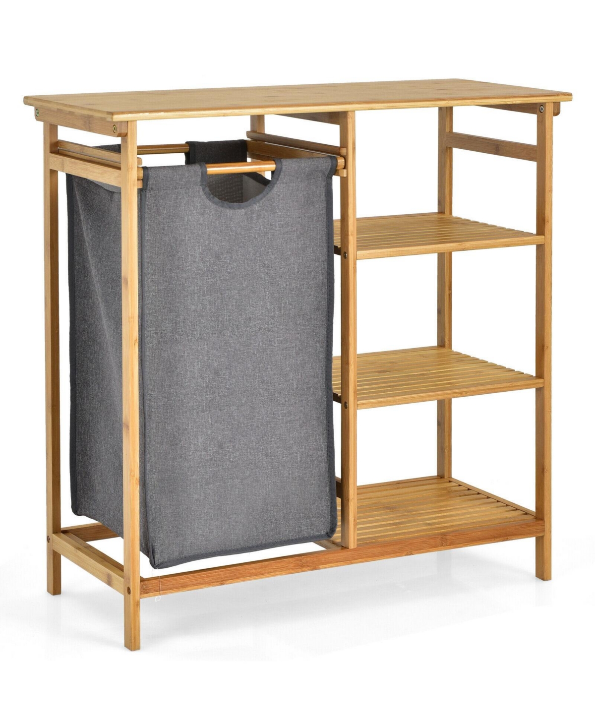 sumyeg Bamboo Laundry Hamper Stand with Sliding Bag and 3-Tier Open Shelves