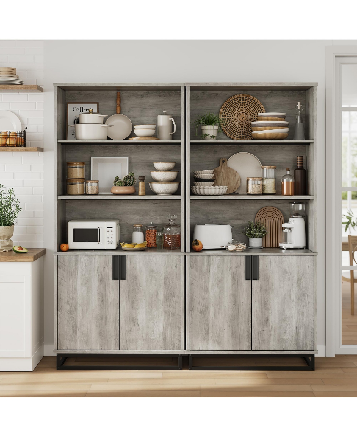 homfan Tall 5-Tier Farmhouse Industrial Bookcase with Doors and Metal Base, Wooden Unit with Adjustable Shelf and Cabinet for Office
