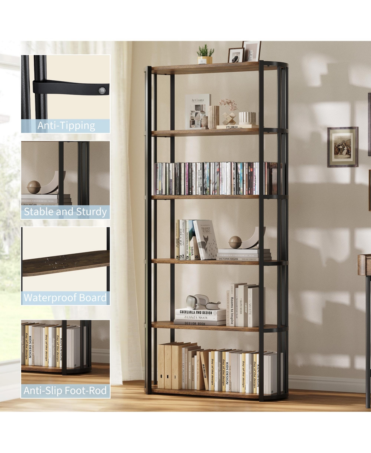 homfan 5-Tier Open Vertical Bookshelf, Waterproof Scratch-Resistant Metal Frame Storage Shelf with Anti-Tip Kit for Home Office Use