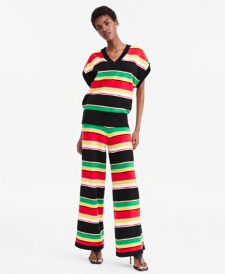 Women's Striped Dolman-Sleeve V-Neck Sweater & Striped High-Rise Wide-Leg Pants