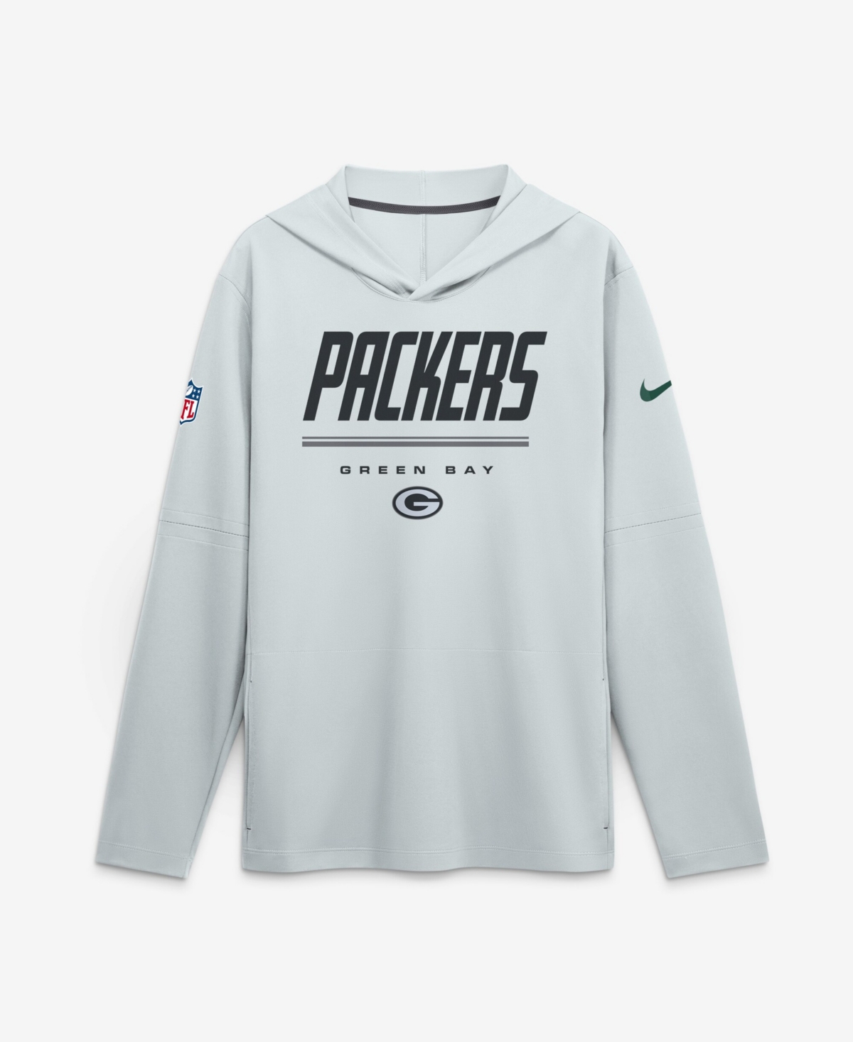 Nike Men's Platinum Green Bay Packers Sideline Lightweight Long Sleeve Hooded Dri-fit T-Shirt - Platinum, Charcoal