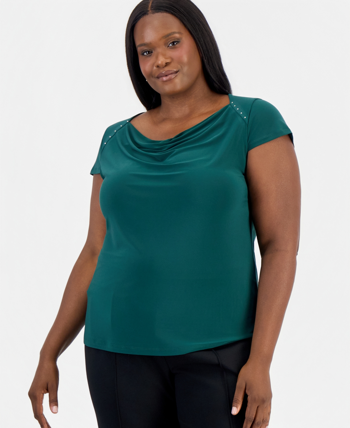 Kasper Plus Size Cap-sleeve Cowl-neck Blouse In Evergreen