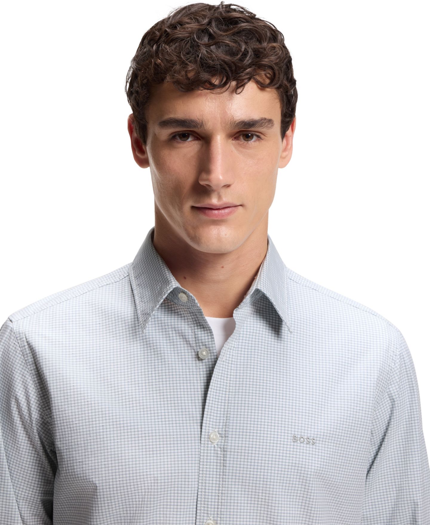 Мужская рубашка Hugo Boss Stretch-Cotton Dobby Regular-Fit Dress Shirt, цвет: Тёмный синий — фото 9