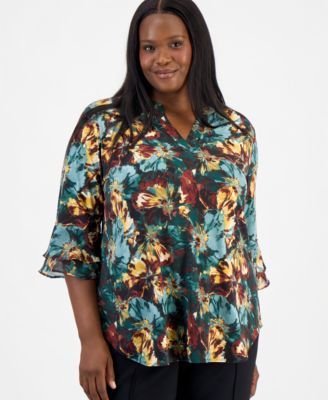 Plus Size Floral-Print Split-Neck Flutter-Sleeve Tunic
