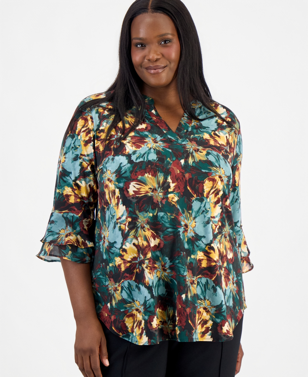 Kasper Plus Floral-Print Split-Neck Flutter-Sleeve Tunic