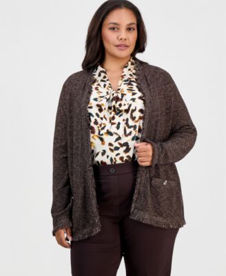 Plus Size Fringe Open-Front Cotton-Blend Cardigan