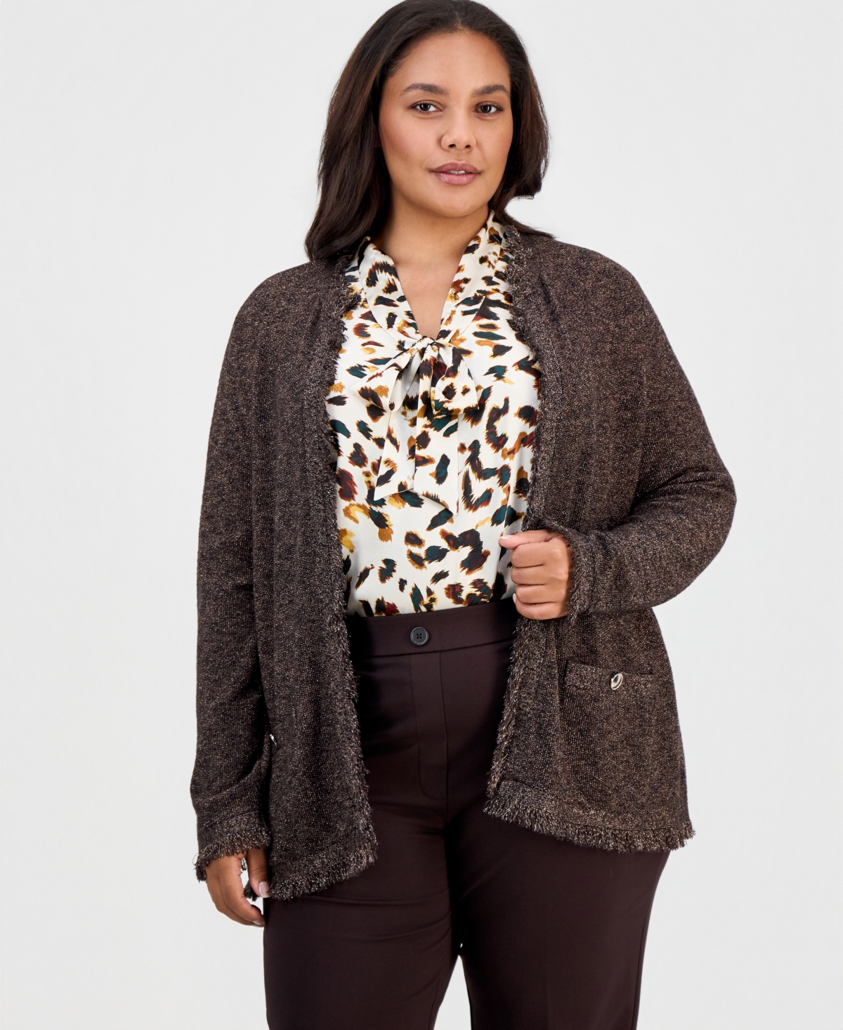 Kasper Plus Size Fringe Open-Front Cotton-Blend Cardigan