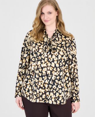 Plus Size Tie Neck Long-Sleeve Animal-Print Blouse