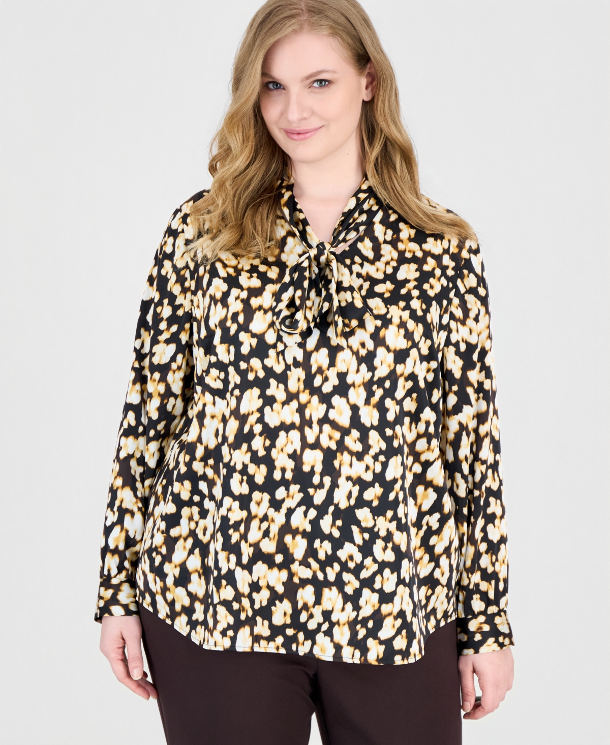 Kasper Plus Size Tie Neck Long-sleeve Animal-print Blouse In Rich Chocolate Multi