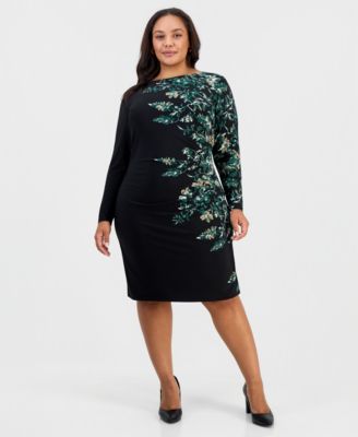 Plus Size Long Sleeve Floral Side Pleat Dress