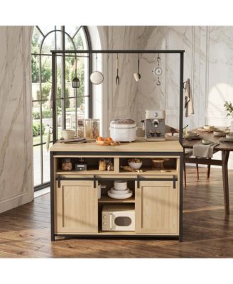 42" x 31" x 71" Barn Door Kitchen Storage Cabinet with Shelves, Engineered Wood Pantry Cabinet with Iron Frame, Wood Color