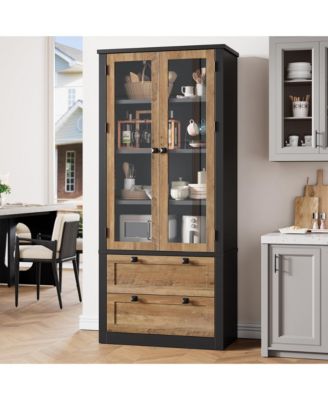 71 Inch Tall Kitchen Pantry Cabinet with Glass Doors, 2 Drawers and Adjustable Shelves