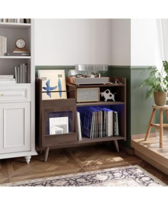 Record Player Stand with LED Lights, Charging Station and Sliding Door, Holds Up to 350 Vinyl Albums