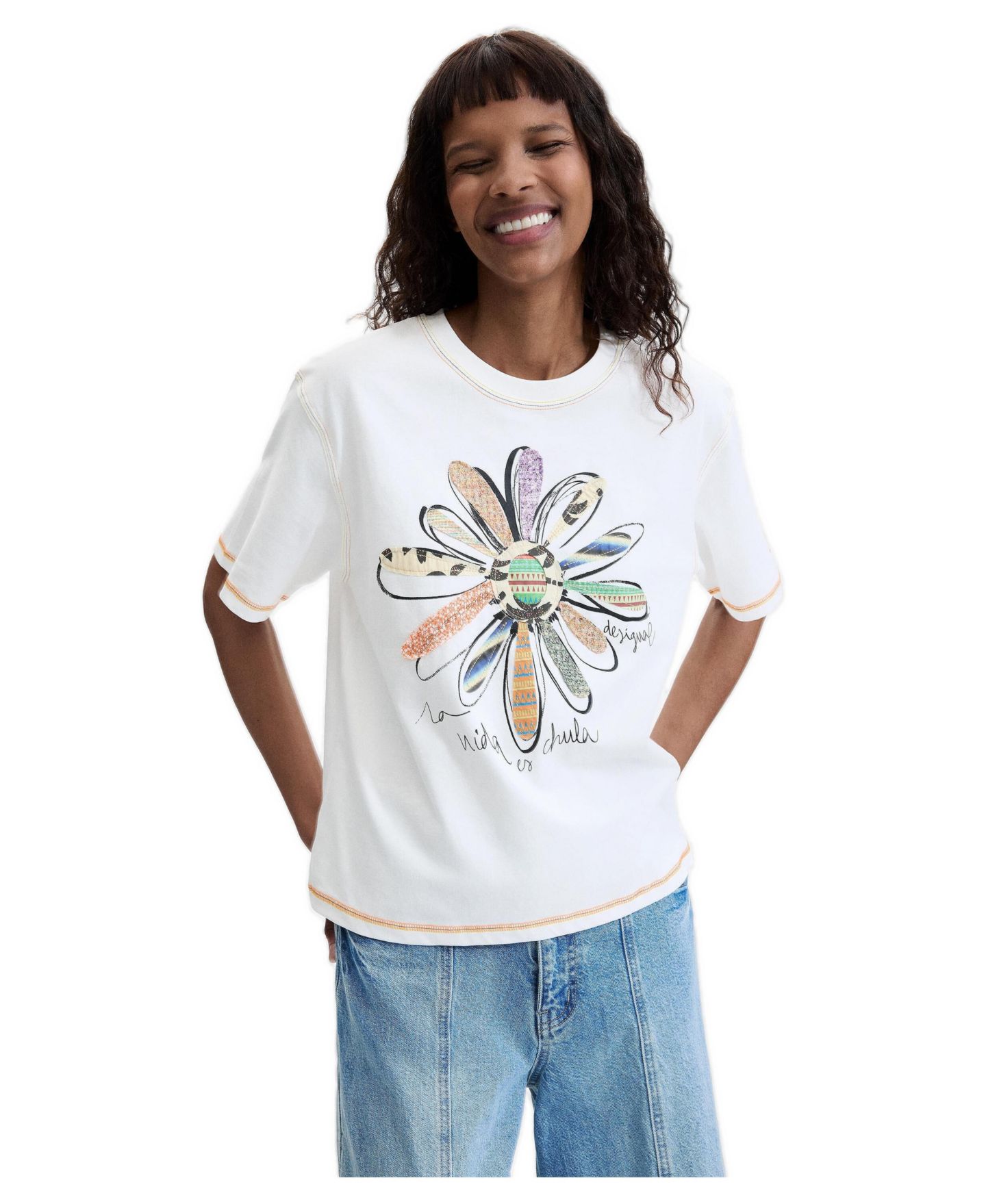Женская футболка Desigual Floral Print T-shirt 100% Cotton, цвет: Белый — фото 1
