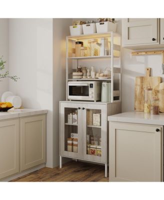 67-Inch Farmhouse Bakers Rack with Power Outlet and LED Lights, Coffee Bar Cabinet with Storage