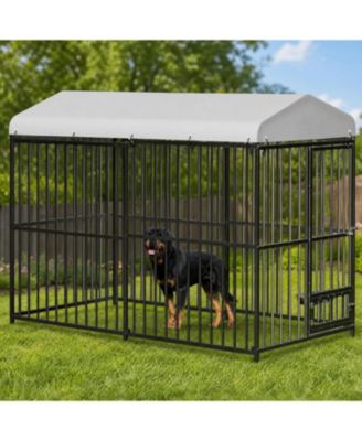 Outdoor Dog Kennel Heavy Duty Metal Cage with Waterproof Roof and Security Lock, Feeding Door and Bowl for Large Dogs