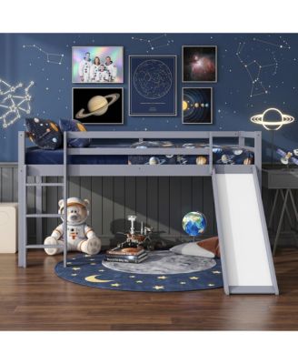 Twin Low Loft Bed with Slide, Ladder, Safety Guardrails, Rubber Wood Twin Loft Bed