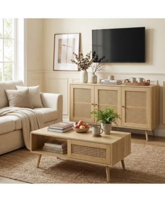 Living Room Table Sets of 2, Includes 47" Rattan TV Stand Storage Cabinet and Coffee Table with Storage Shelf, Bedroom Living Room Furniture