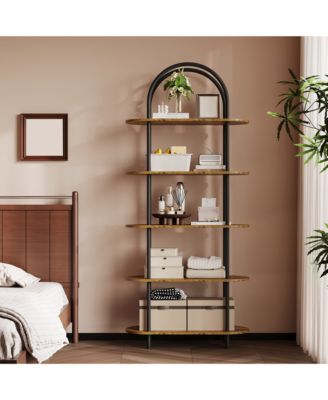 71" Tall 5-Tier Arched Bookshelf Metal Frame Open Storage Rack with Anti-Tipping Straps and Adjustable Feet for Bedroom Living Room Office