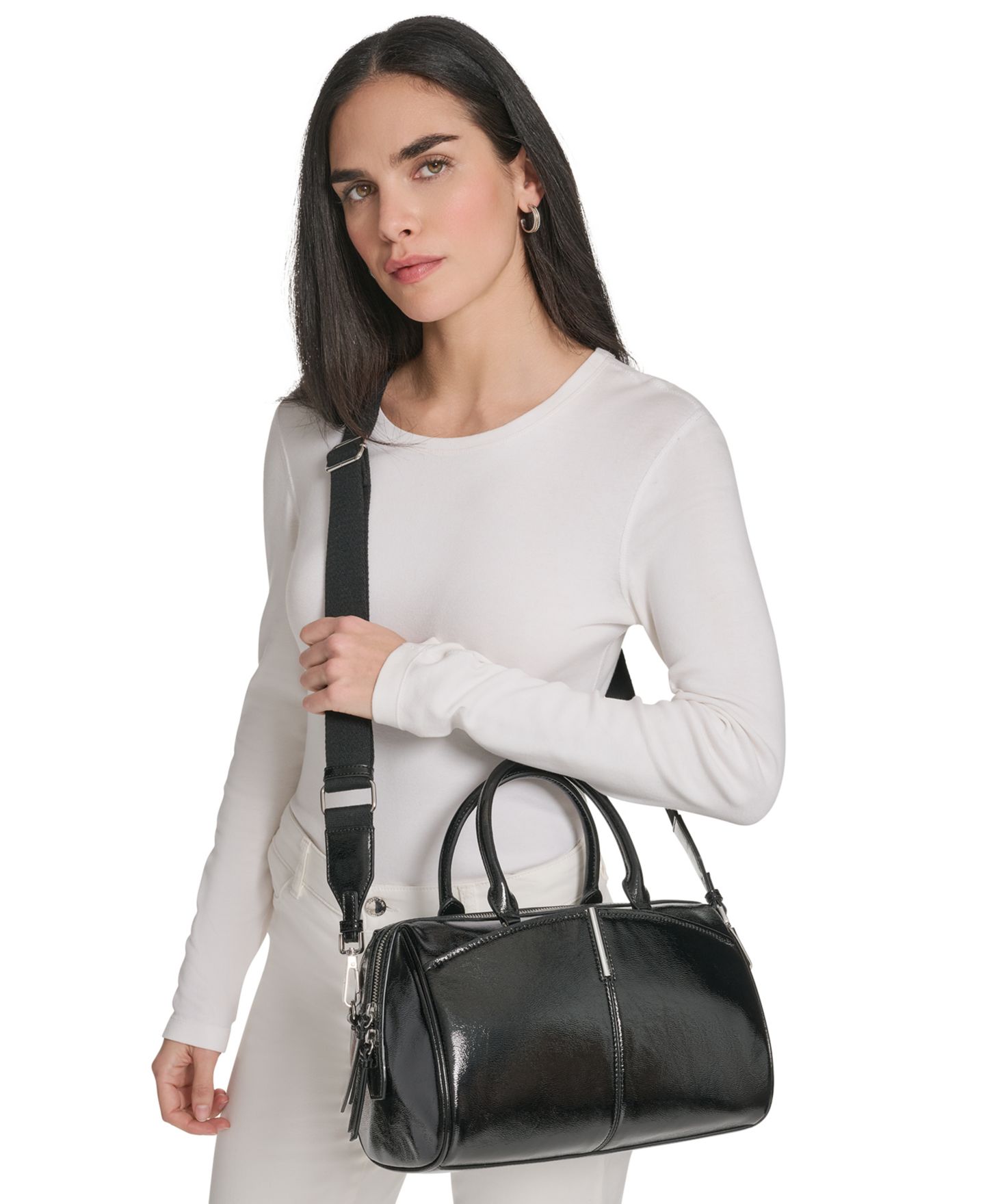 Женская сумка Calvin Klein Genevieve Patent Small Satchel Handbag, цвет: Чёрный / Серебряный — фото 8