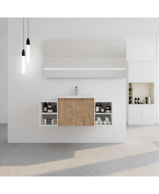47.6 Inch Wall Mounted Bathroom Vanity with Resin Sink, Plywood Cabinet, Open Storage Shelves for Modern Bathrooms
