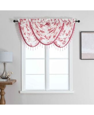 3 Piece Printed Cherry Blossom Beaded Rod Pocket Window Valances