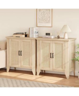 2 Piece 30" Wood Color Rattan Sideboard - Small Storage Cabinet with Doors and Shelves for Living Room, Hallway or Kitchen