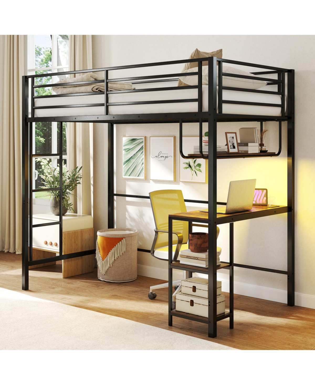 Slickblue Functional Twin Loft Bed with Desk, Led Lighting, and Built-In Charging
