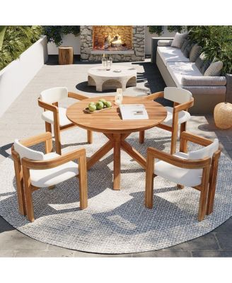 5 Piece Outdoor Acacia Wood Round Dining Set with Cushioned Chairs for Patio or Garden