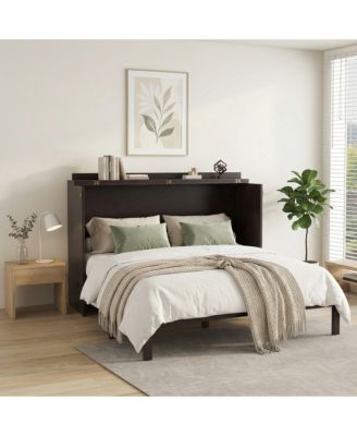Queen Size Murphy Bed, Pine Wood Cabinet Bed with Power Station and Rattan Decoration Panel