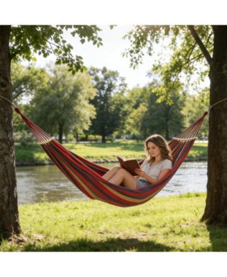 Heavy-Duty Canvas Hammock with Anti-Roll Spreader Bars, 550 lb Capacity Portable Outdoor Swing with Tree Straps and Carry Bag for Patio