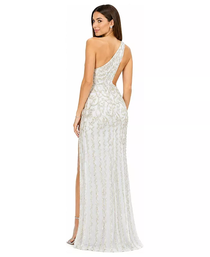 Women's One-Shoulder Beaded Gown with Slit - thumbnail 2