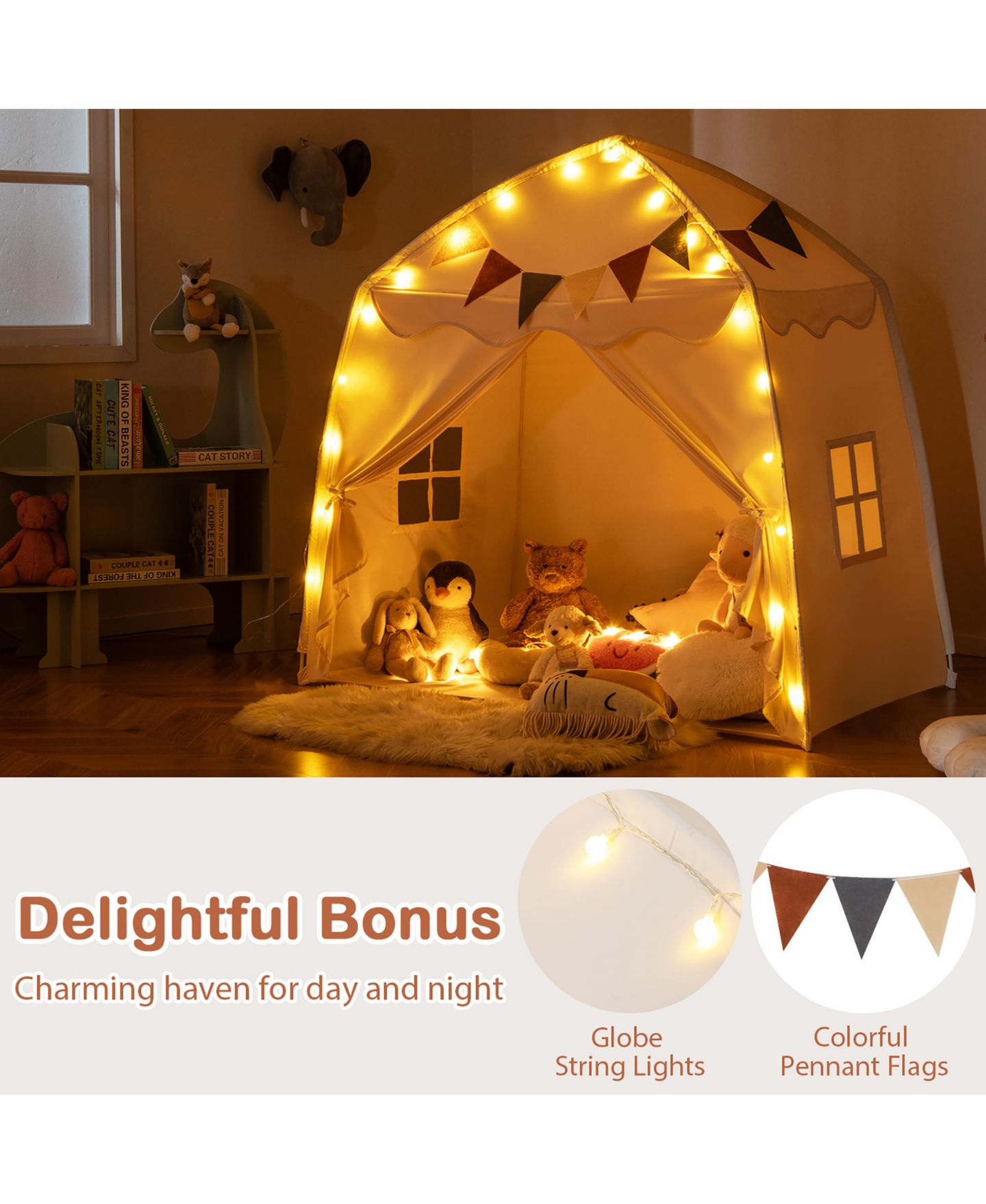 Детская игрушка Gymax Kids Play Tent With Globe String Lights and Flags, Ages 3-12, цвет: Светлый бежевый — фото 6