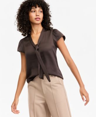 Women's Satin Tie-Neck Flutter-Sleeve Short-Sleeve Blouse