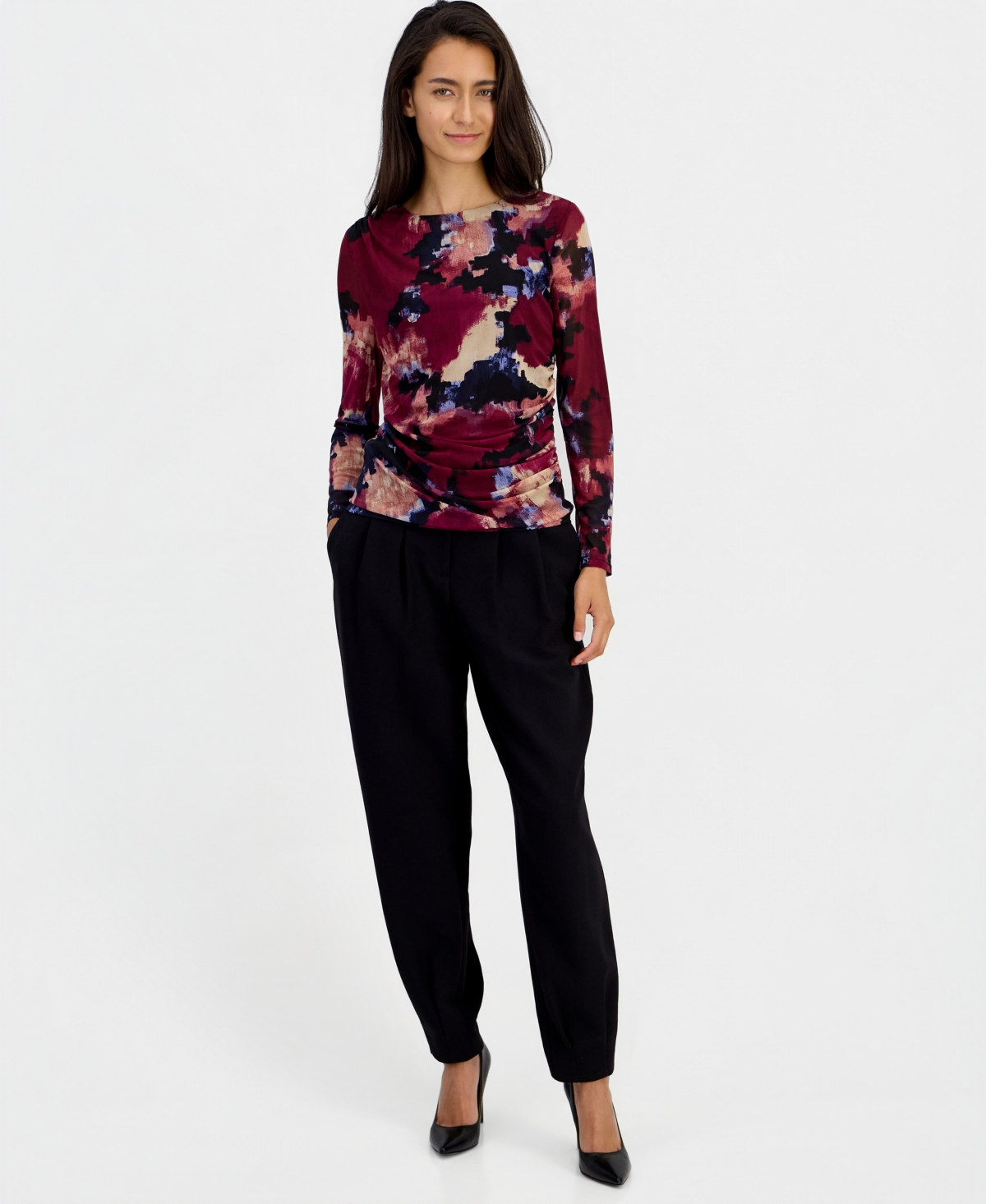 Bar Iii Women's Long-Sleeve Crewneck Ruched Top, Macy's Exclusive